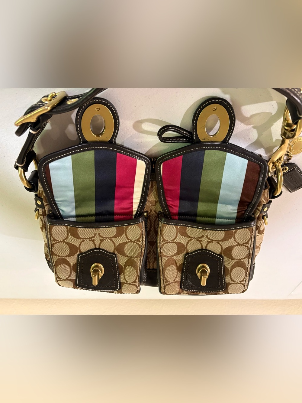 Coach 65th Legacy Signature Shoulder Bag, Black Trim, Stripe Lining F06K - 10339 - Picture 5 of 11